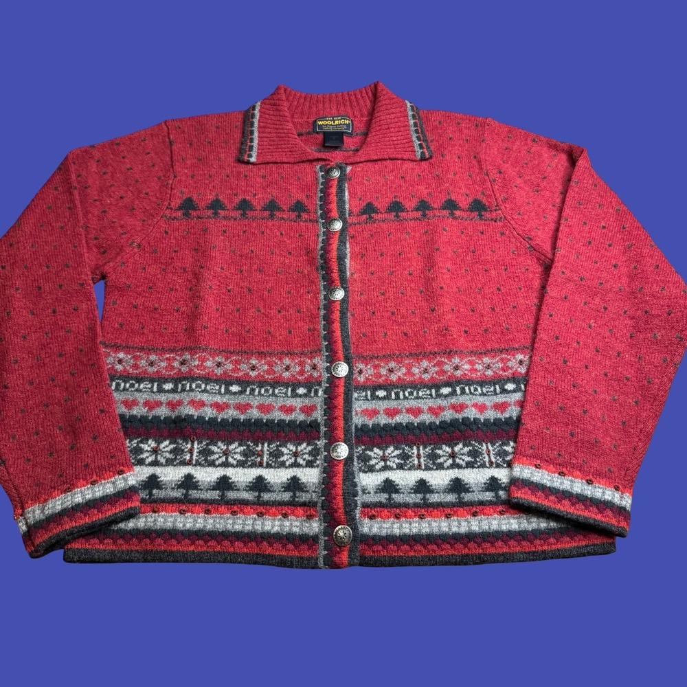 Vintage Woolrich Cardigan Sweater Womens M Red Lambswool Nordic Christmas
